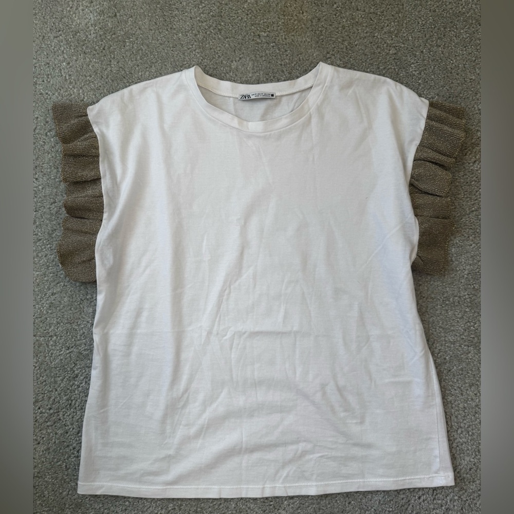 Zara White Tee with Gold Metallic Ruffle Sleeves
